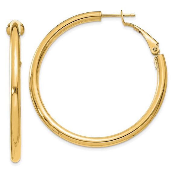 3mm 14k Yellow Gold Omega Back Round Hoop Earrings 40mm (1 1/2 Inch)